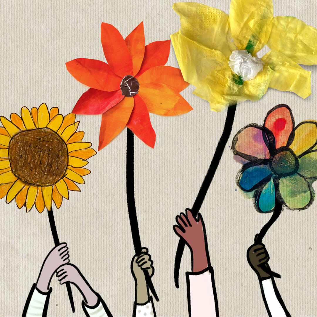 En buket af forskellige kreative blomster lavet af børn